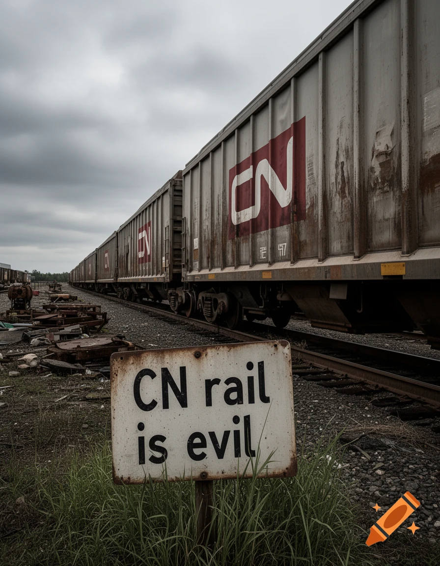 A photorealistic image of train cars on tracks with a 'CN rail is evil' sign in the foreground under a cloudy sky.