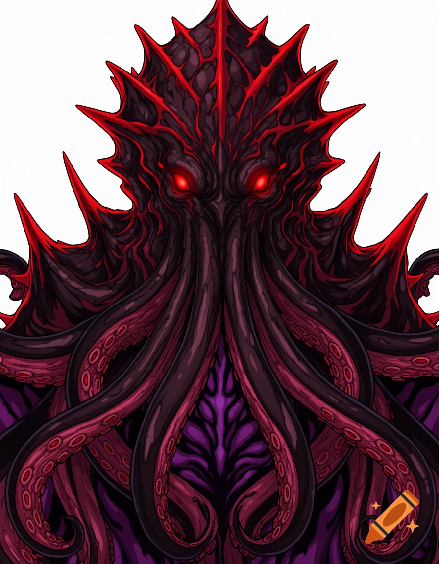 A close-up portrait illustration of a Cthulhu-like monster with glowing red eyes, sharp red spikes, and purple tentacles.