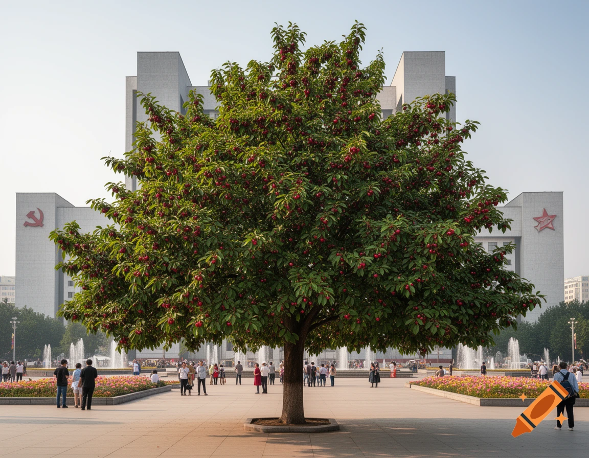 A large, leafy cherry tree with red fruit stands in a public square, with a white building displaying socialist symbols in the background.