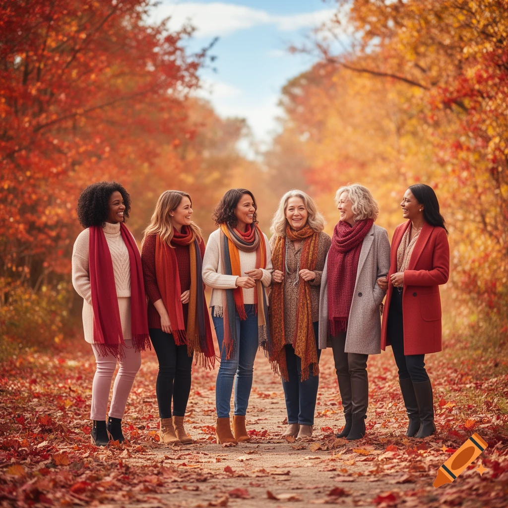 Six diverse women in warm autumn clothing walk along a leaf-strewn path, surrounded by vibrant red and orange fall foliage.