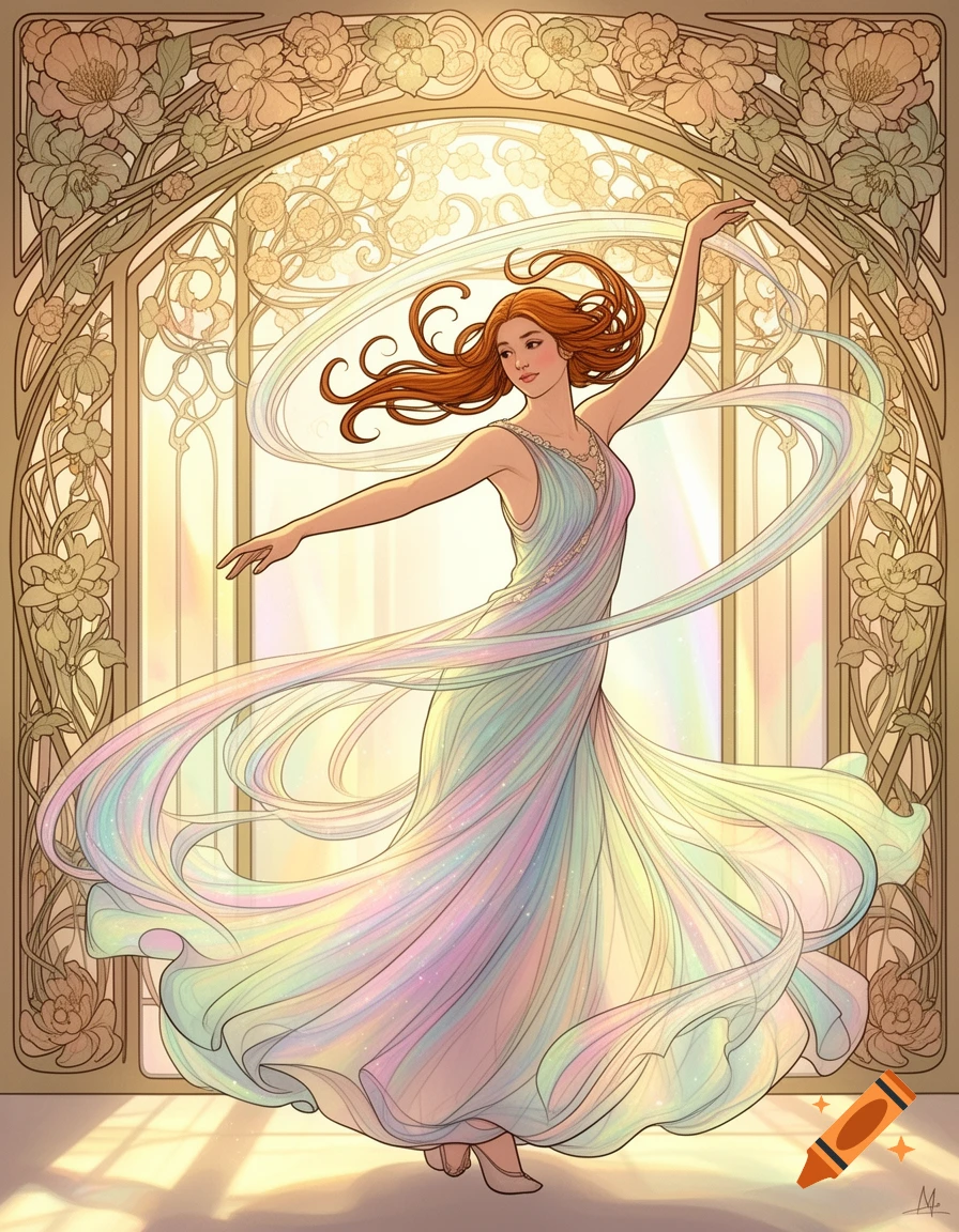 Art Nouveau illustration of a red-haired woman dancing in a flowing, iridescent gown against an ornate floral archway.
