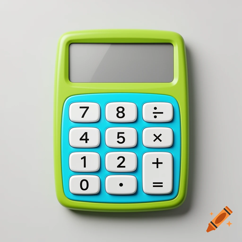 A lime green and cyan calculator with white buttons and black symbols, viewed from above on a gray background.