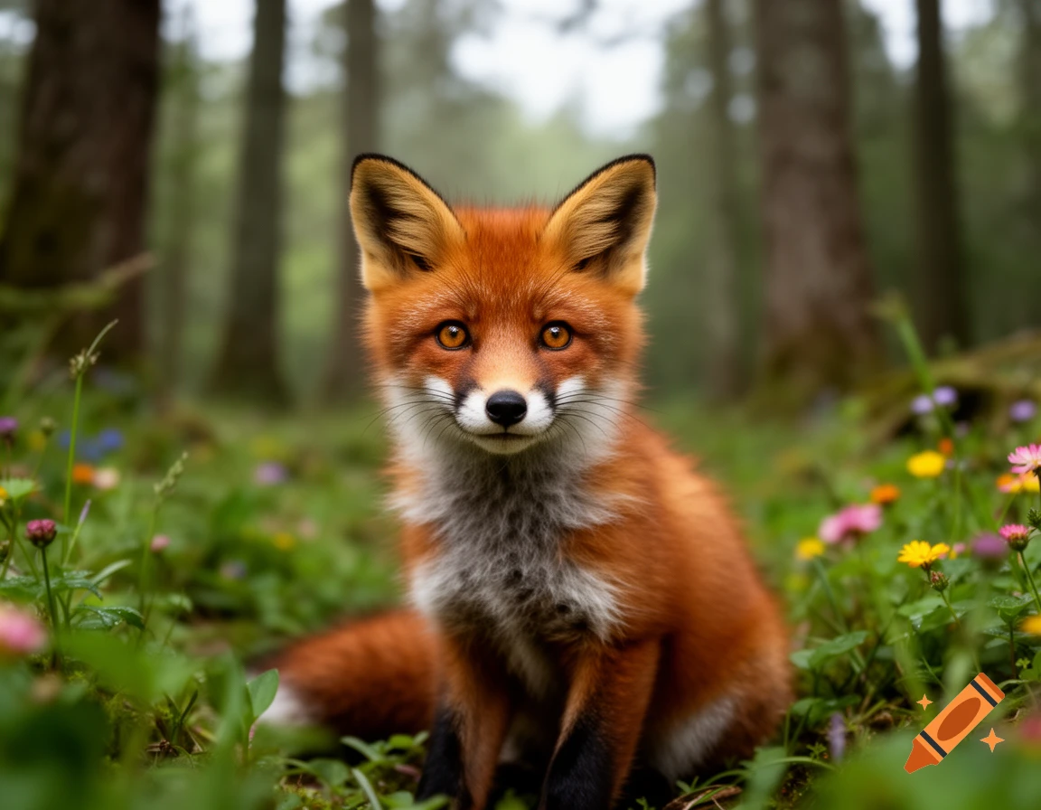 A photorealistic image of a cute red fox sitting in a field of wildflowers in a forest.