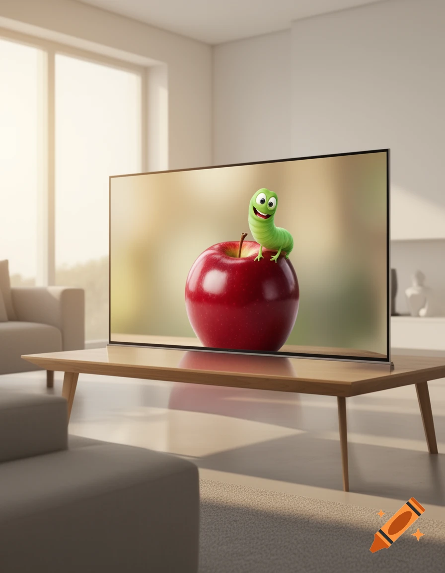 A cartoon green worm with a wide smile stands on a red apple displayed on a thin-bezel TV screen in a bright, modern living room.