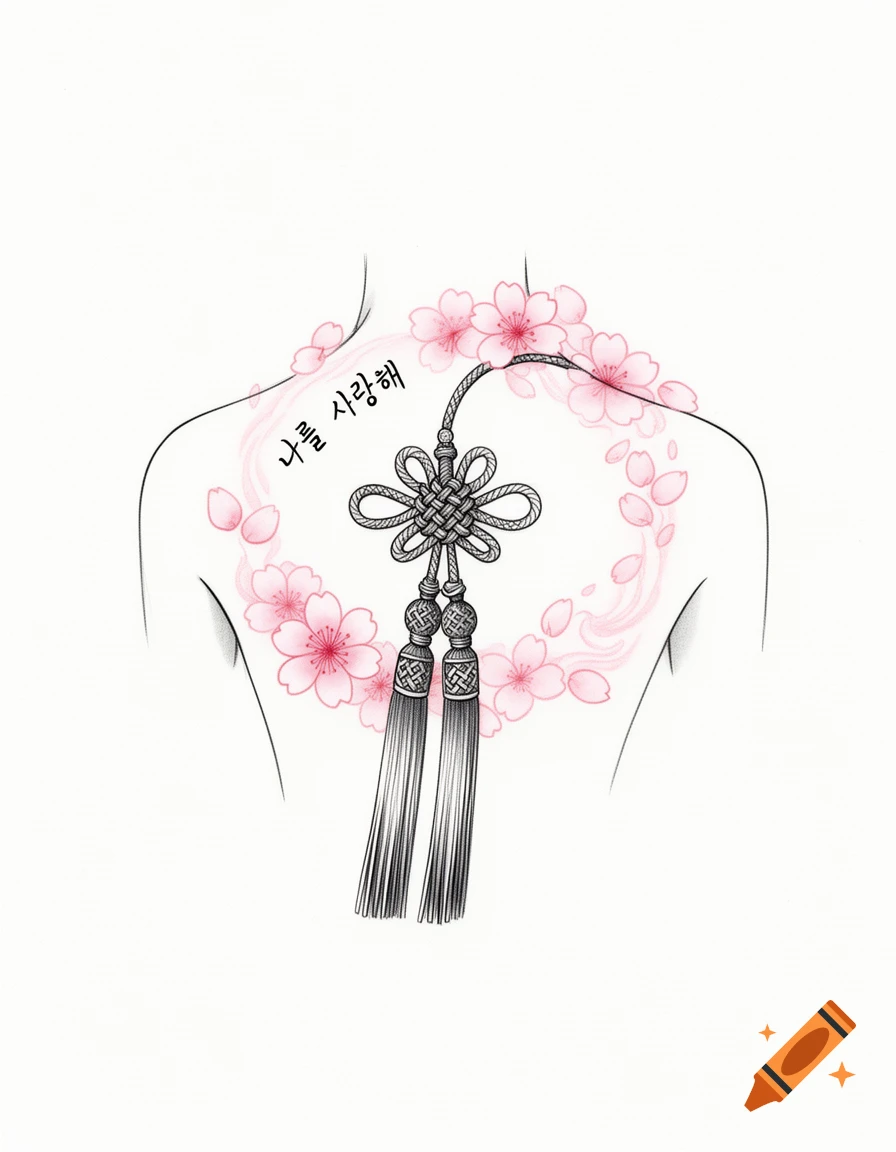 Line art drawing of a Korean norigae knot and tassels with pink cherry blossoms and Korean text on an outlined back.