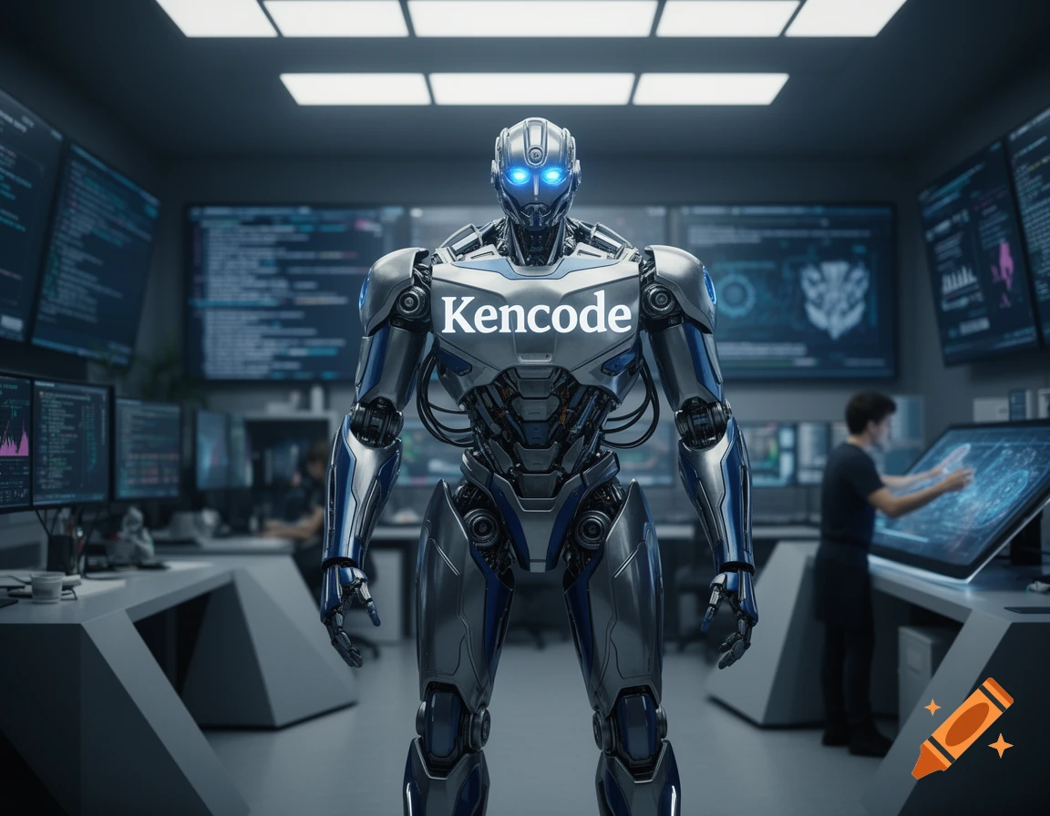 A photorealistic metallic robot with glowing blue eyes and "Kencode" on its chest stands in a futuristic control room with data screens.