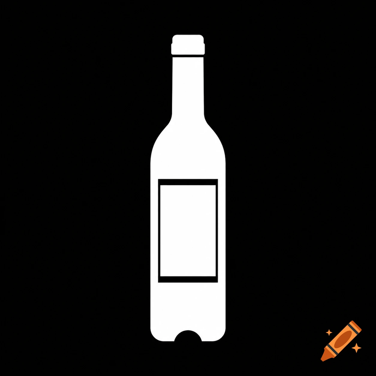 A white pictogram of a wine bottle with a blank rectangular label against a black background.