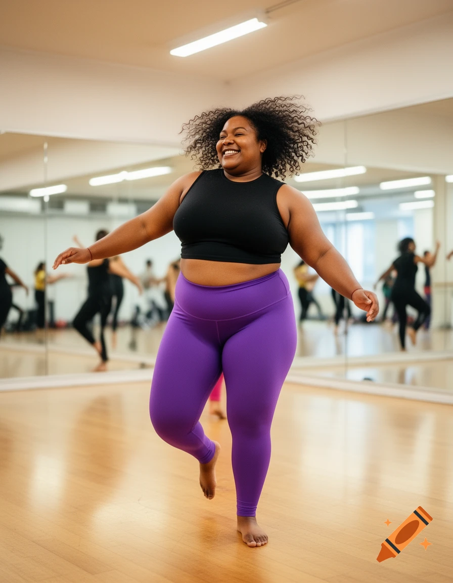 A smiling, curly-haired Black woman in a black crop top and purple leggings dances barefoot in a studio with mirrors.