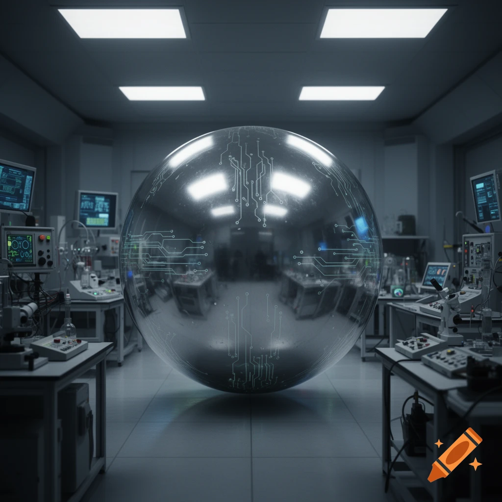 A large metallic sphere with glowing circuit patterns floats in the center of a futuristic laboratory, surrounded by monitors and equipment.