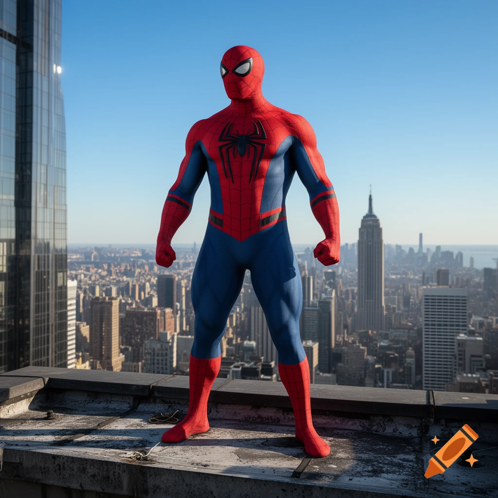 A muscular Spider-Man stands on a city rooftop overlooking a detailed skyline under a clear blue sky.