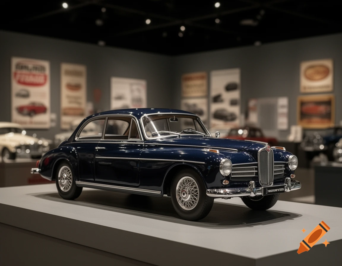 A dark blue classic car with chrome accents on display in a museum exhibit, with blurry posters in the background.