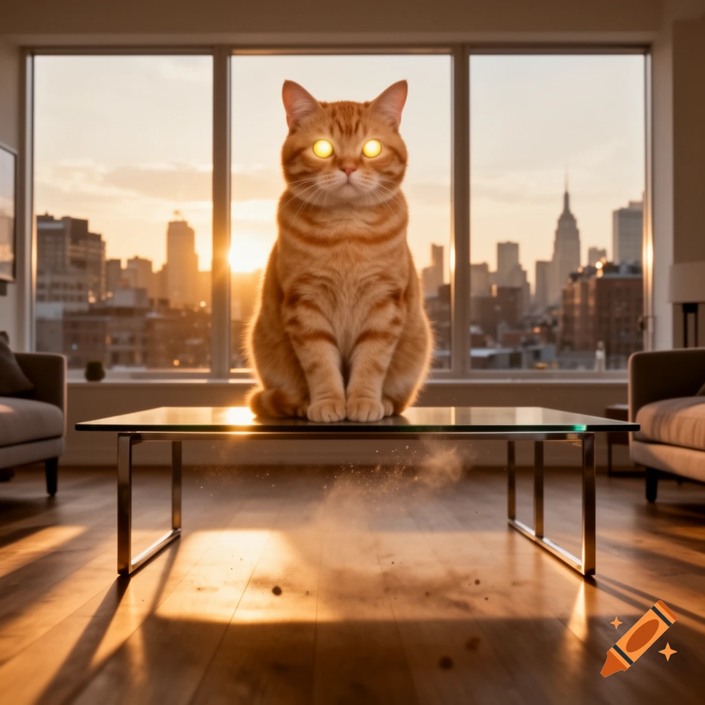 A large orange cat with glowing yellow eyes sits on a glass table in front of a window with a sunset city view. Photorealistic style.