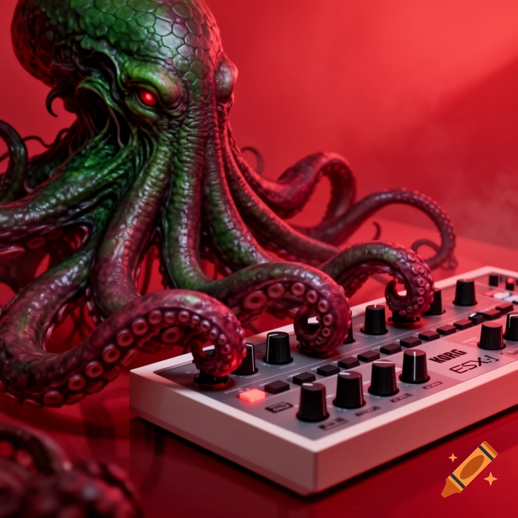 A green, Cthulhu-like octopus creature with glowing red eyes operates a white Korg ESX-1 synthesizer with its tentacles on a red background.