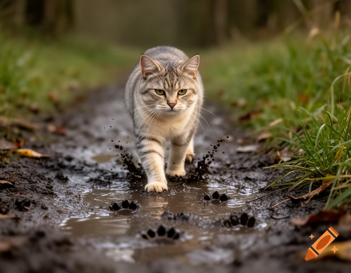 A photorealistic tabby cat walks through a muddy puddle on an outdoor path, splashing water and mud.