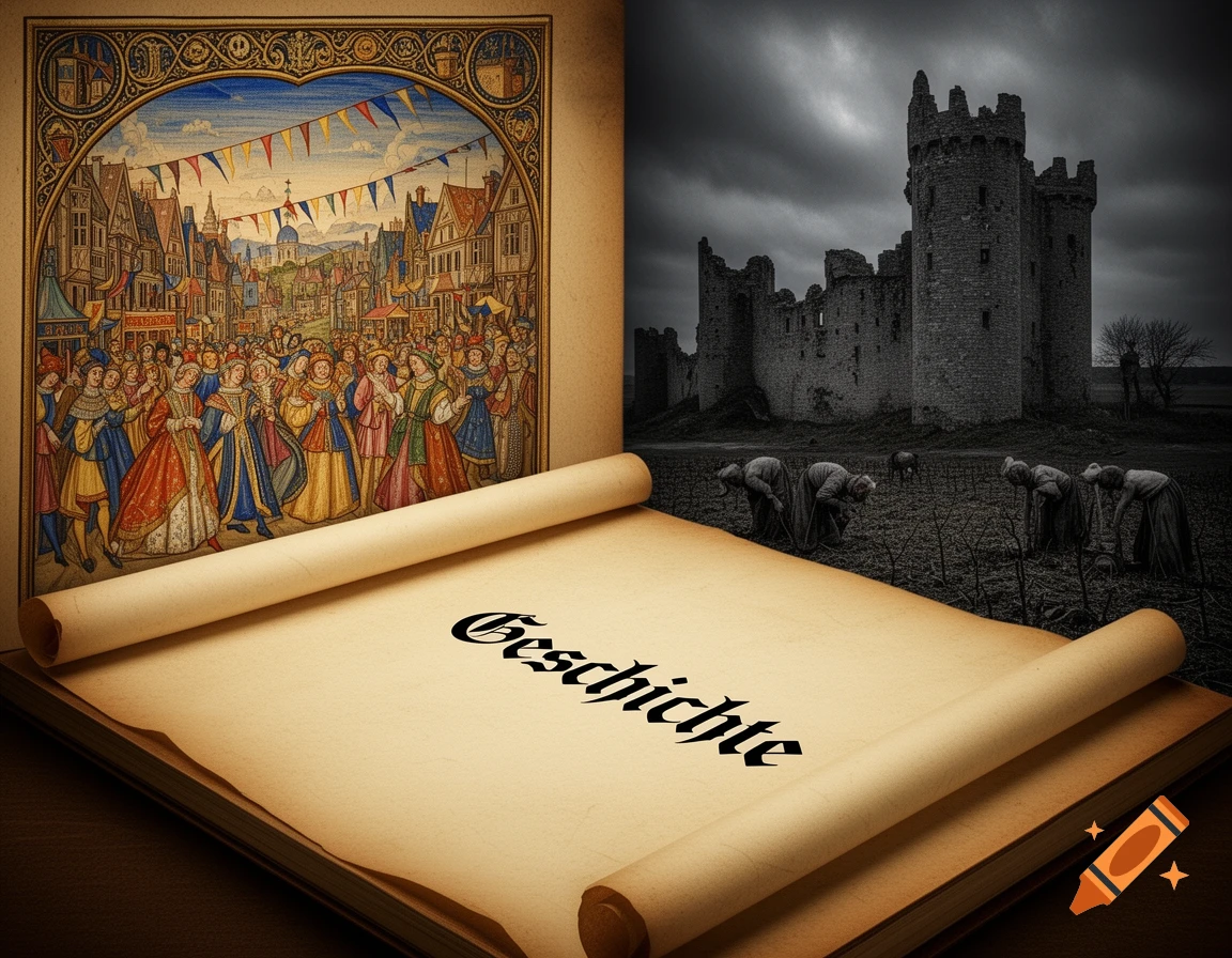 A parchment scroll titled "Geschichte" depicting a vibrant medieval town on the left and a dark ruined castle with farmers on the right.