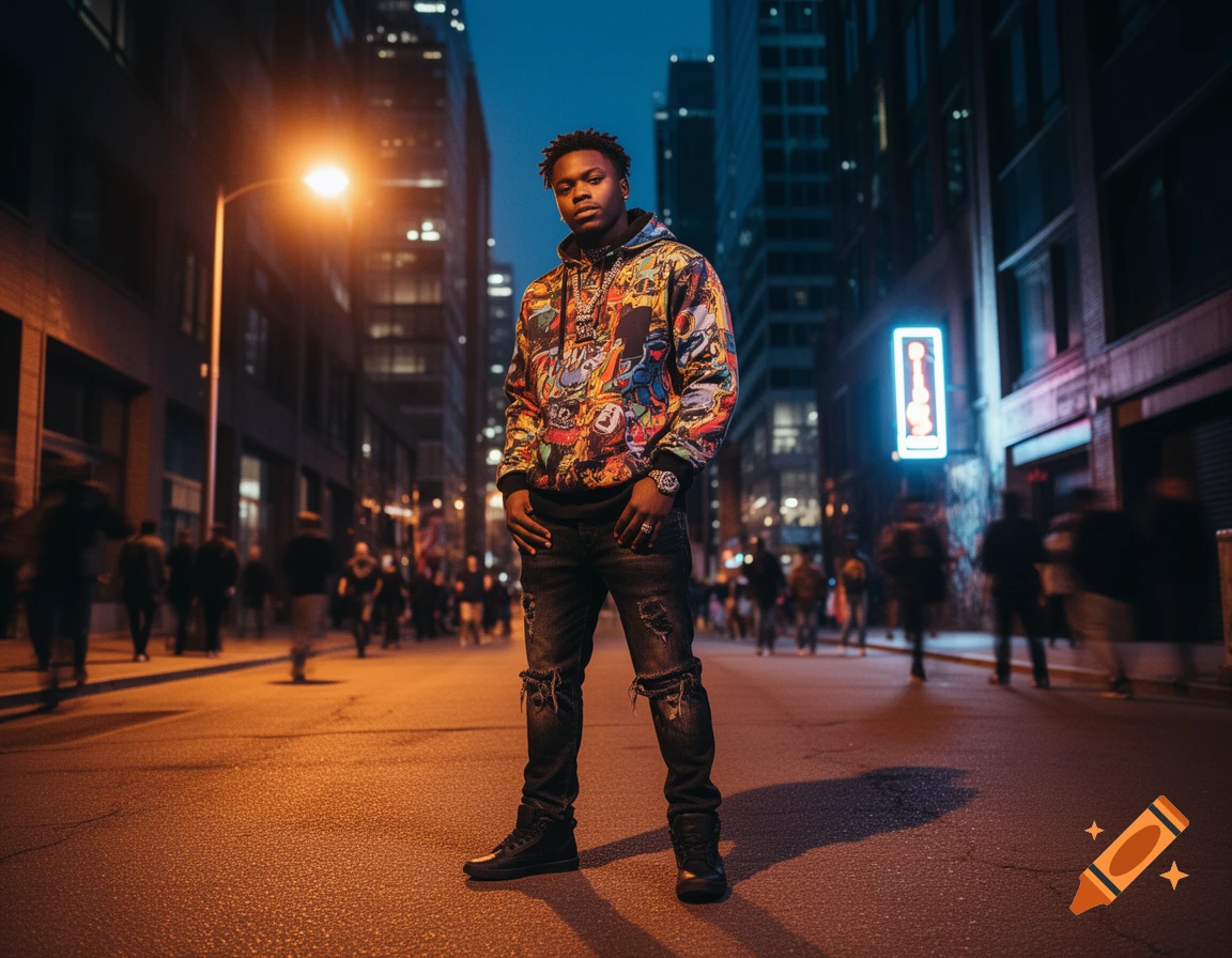 Photorealistic portrait of a young man in a colorful hoodie and ripped jeans, standing on a city street at night.
