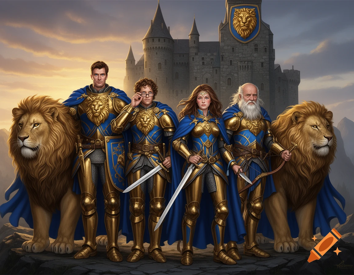 Four lion knights in golden and blue armor with two large lions stand before a castle at sunset, fantasy art.