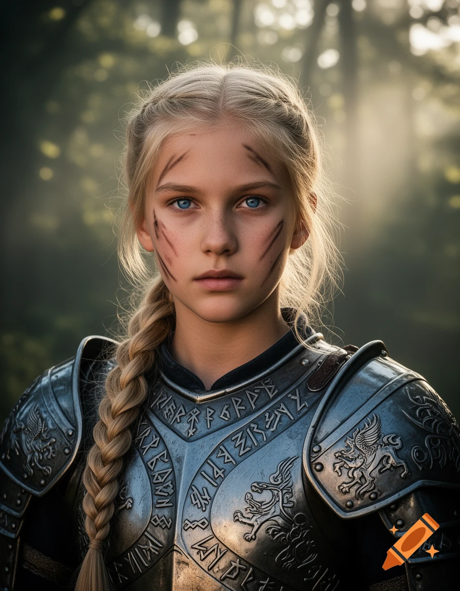 A blond warrior girl with war paint and blue eyes in intricate silver armor stands in a sunlit forest.