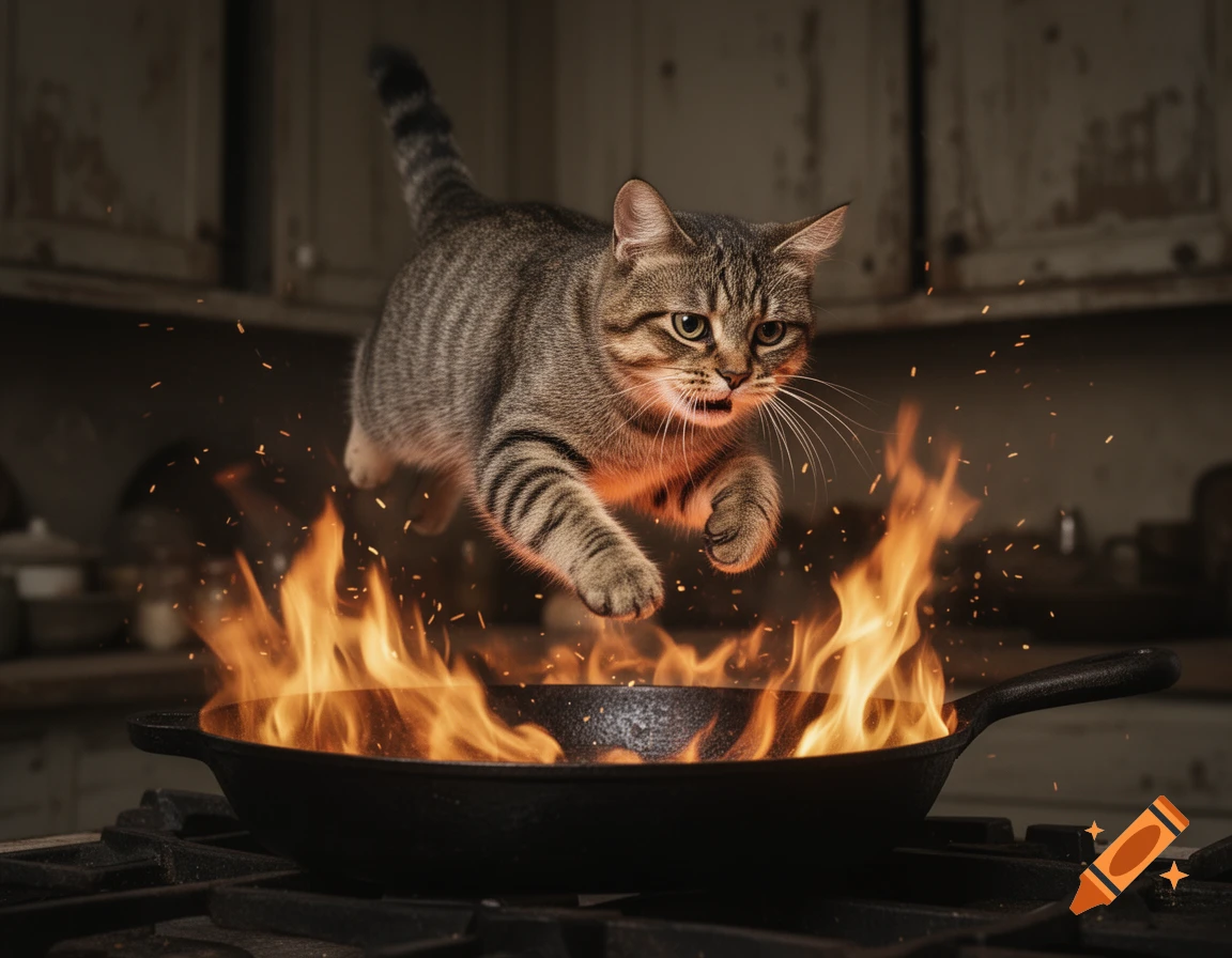 A photorealistic tabby cat jumps over a flaming frying pan on a stovetop in a kitchen.