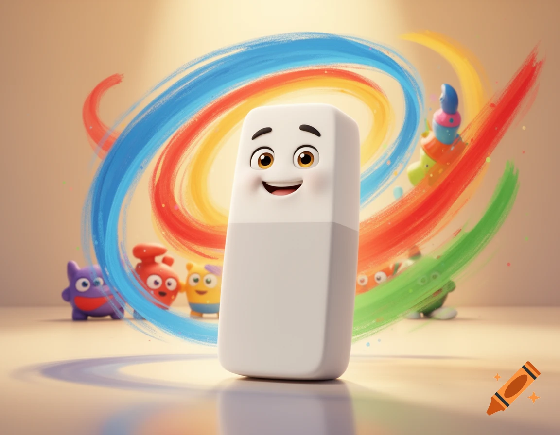 Cheerful cartoon eraser with a smiling face stands amidst colorful swirling paint strokes, with other small cartoon characters in the background.