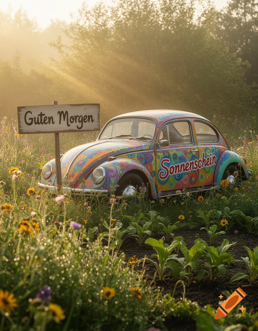 A vibrant, psychedelic Volkswagen Beetle sits in a sunlit meadow with wildflowers and a 'Guten Morgen' sign.