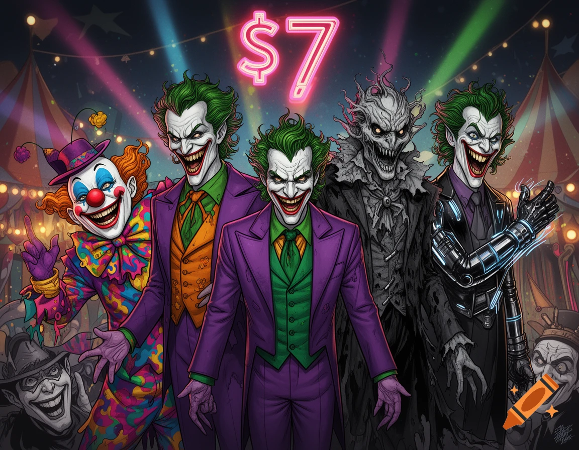 Comic book illustration of multiple smiling Jokers and a clown in a neon-lit circus tent, with a glowing '$7' sign.