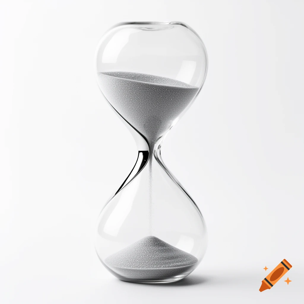 A modern hourglass with gray sand against a white background, captured in a clean, high-contrast style.