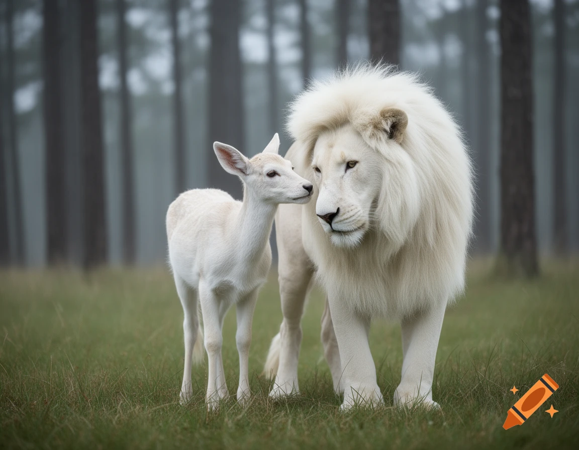A white lion and a white doe affectionately touch faces in a misty green forest, photorealistic.