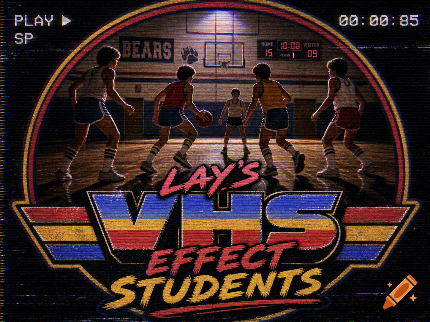 Retro VHS-style logo of a boys' basketball game with 'LAY'S VHS EFFECT STUDENTS' text.