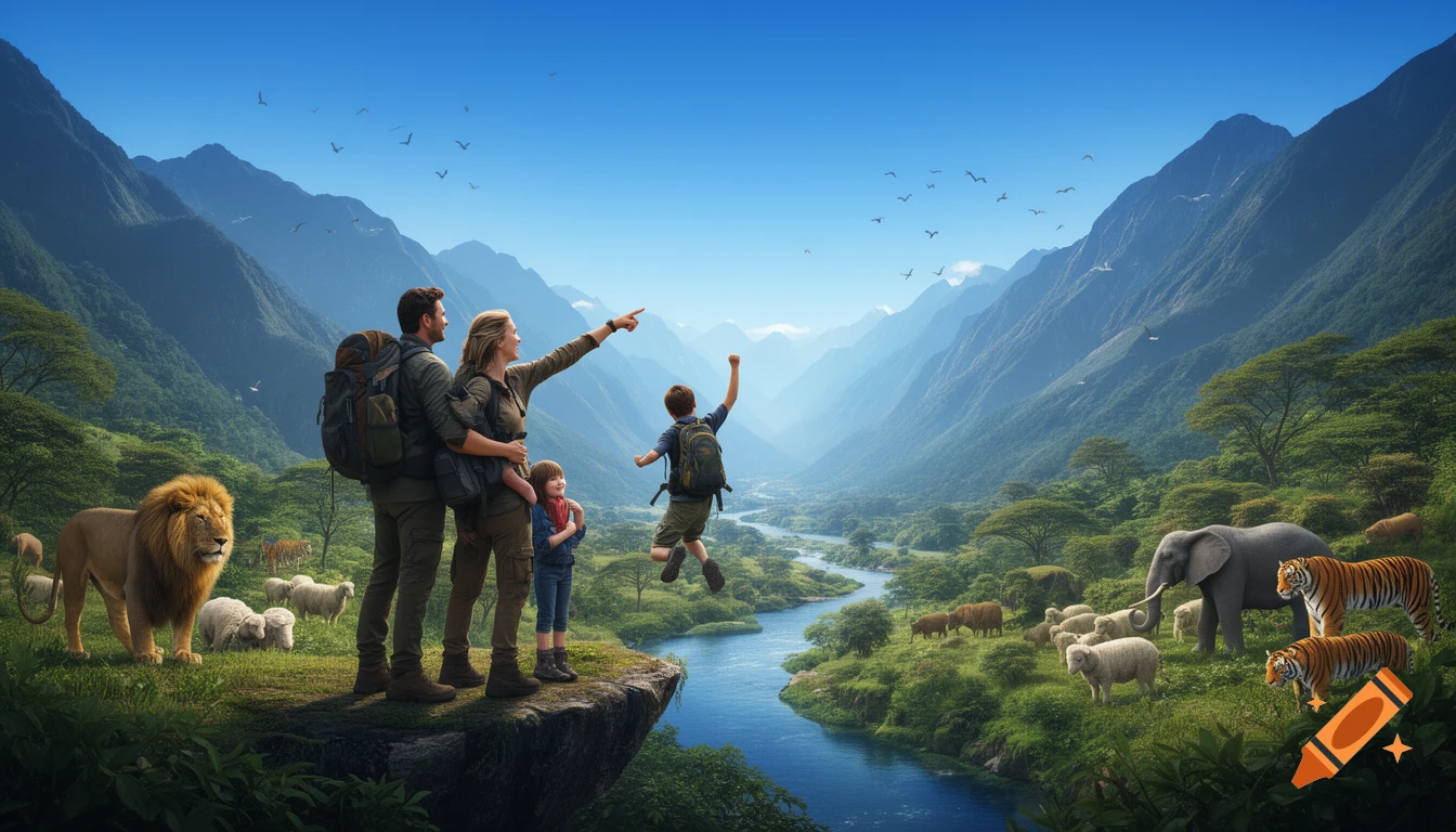 A photorealistic image of a family hiking on a cliff overlooking a lush mountain valley with a river, surrounded by various wild animals.