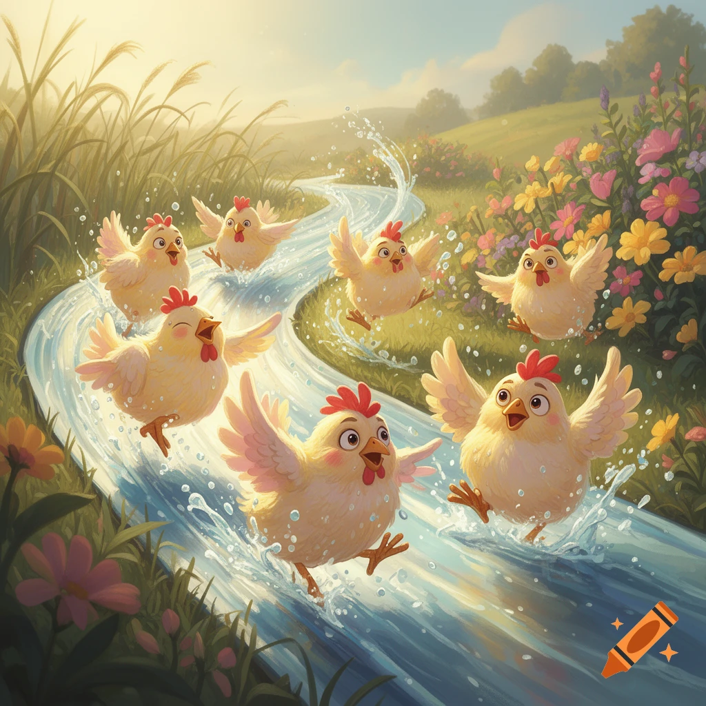 Fluffy cartoon chickens joyfully splash and slide down a winding stream in a sunny meadow filled with wildflowers.