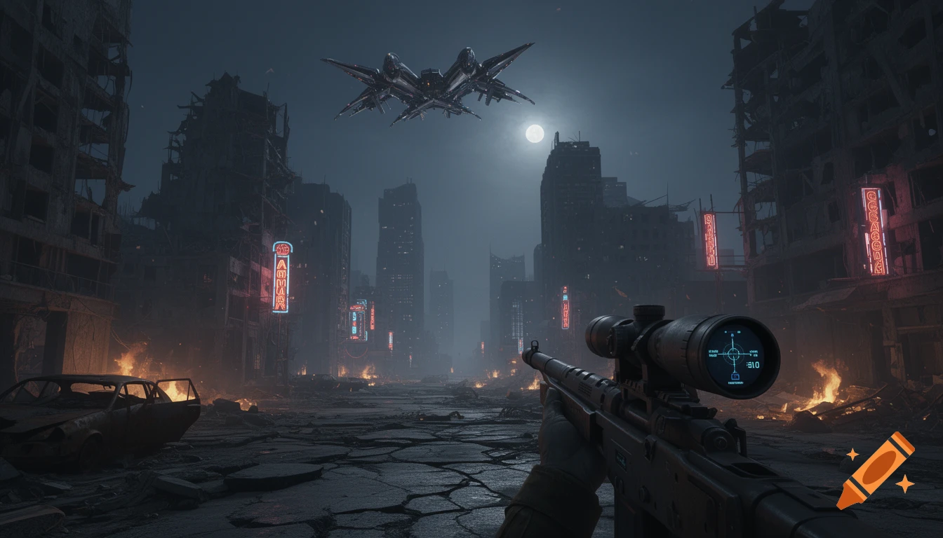 First-person view of a sniper rifle aimed at a dark, post-apocalyptic city with a futuristic spaceship hovering under a full moon.