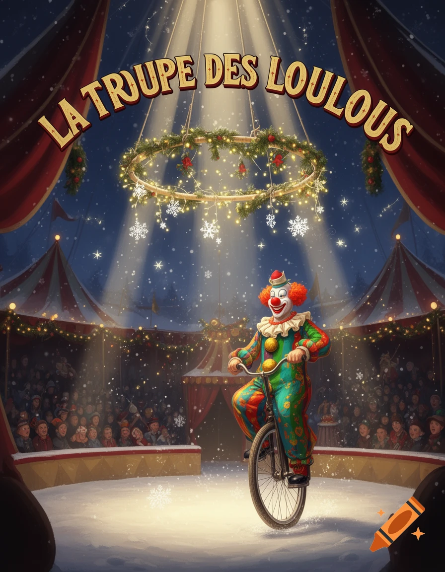 A clown on a unicycle performs in a festive Christmas circus tent with "LA TROUPE DES LOULOUS" written above.
