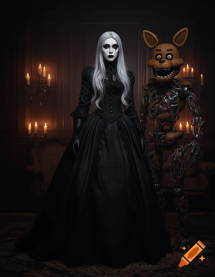 A gothic woman with white hair and black dress stands next to a broken animatronic fox in a dimly lit, candlelit room.