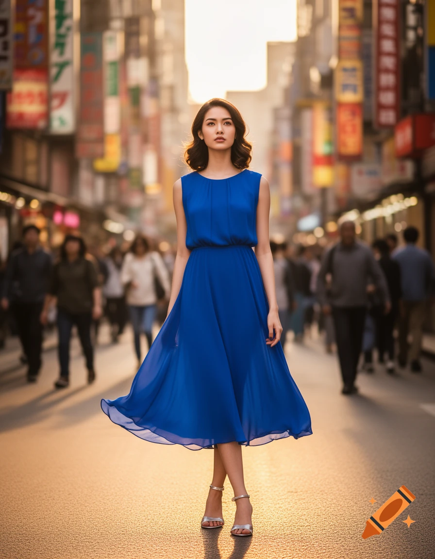 A photorealistic image of a woman in a flowing blue dress standing on a city street at sunset, looking upwards.