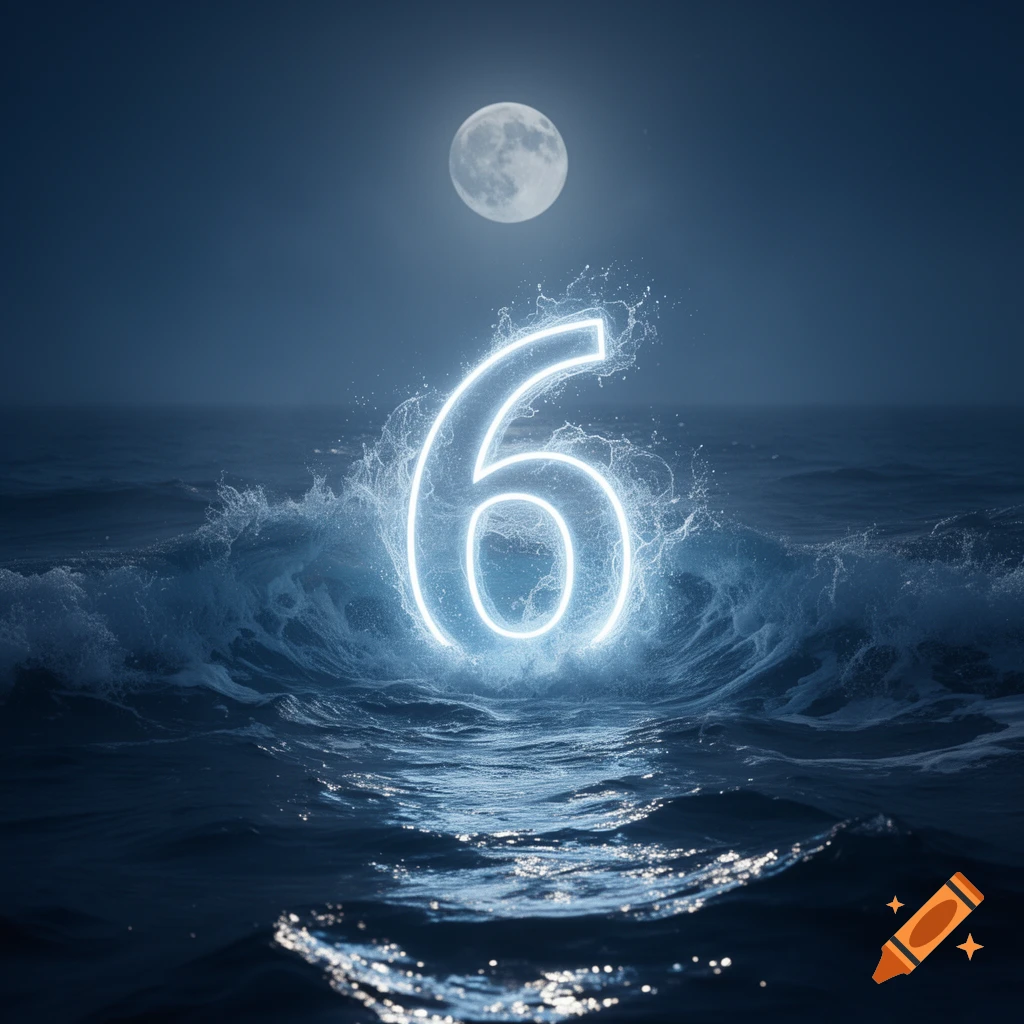 A glowing blue number 6 emerges from dark, stormy ocean waves under a full moon in a night scene.