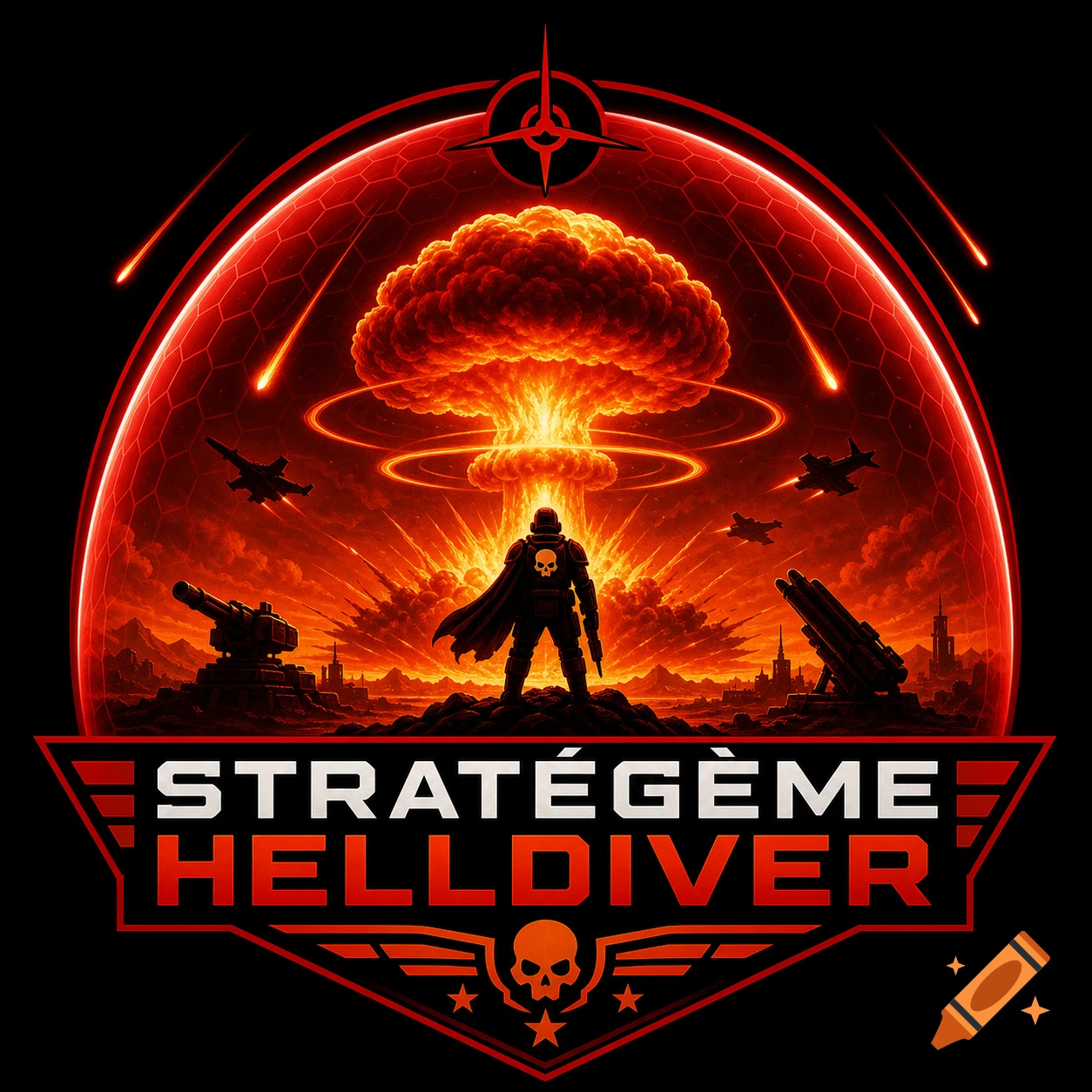 A military-themed logo features a futuristic soldier standing before a nuclear explosion and a red hexagonal orbital strike dome, with text 'STRATÉGÈME HELLDIVER'.