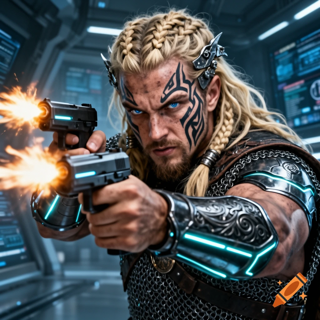 A futuristic Viking warrior with braided blonde hair, tribal face tattoos, and glowing blue eyes fires two pistols, wearing chainmail and cybernetic armor in a sci-fi setting.