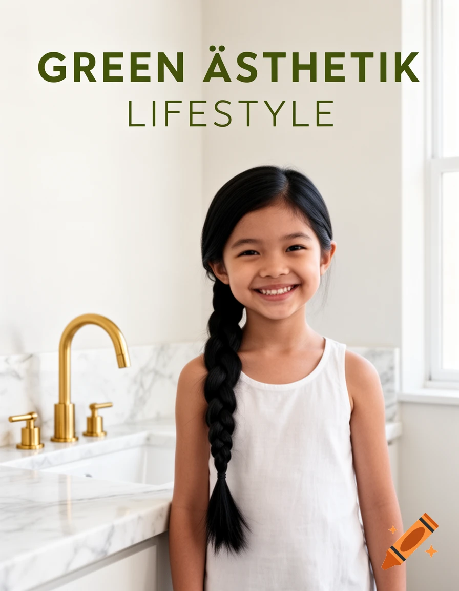 A smiling girl with a long black braid stands in a clean bathroom with a gold faucet, text reads 'GREEN ÄSTHETIK LIFESTYLE'.