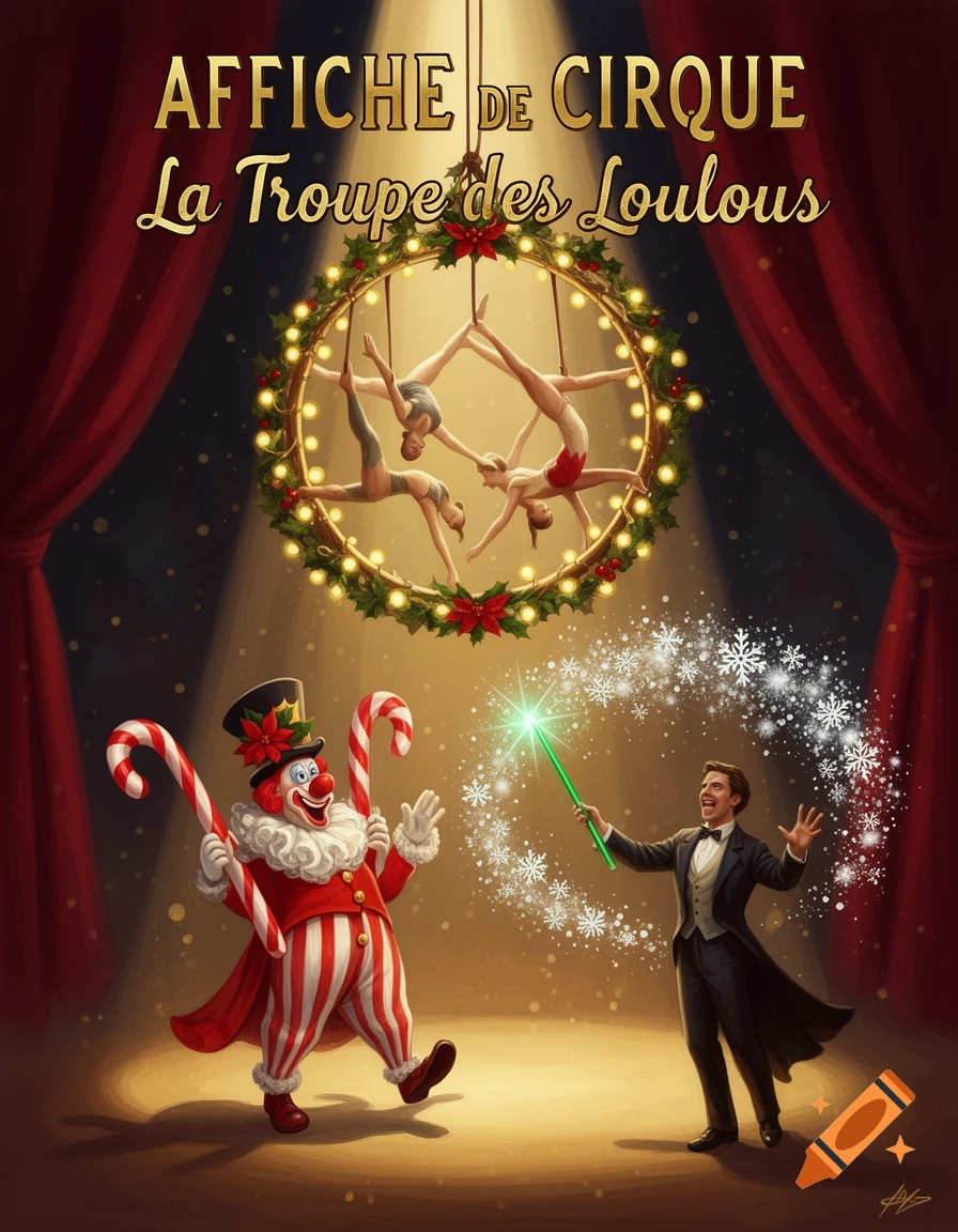 Festive circus poster with acrobats in a Christmas wreath, a candy cane clown, and a magician casting snowflake spells on a stage.