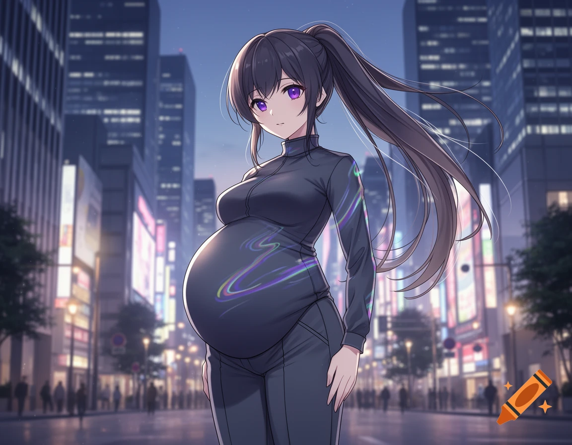 An anime girl with dark hair in a ponytail and purple eyes, wearing a dark athletic outfit, stands in a bustling city at night with a very large pregnant belly.