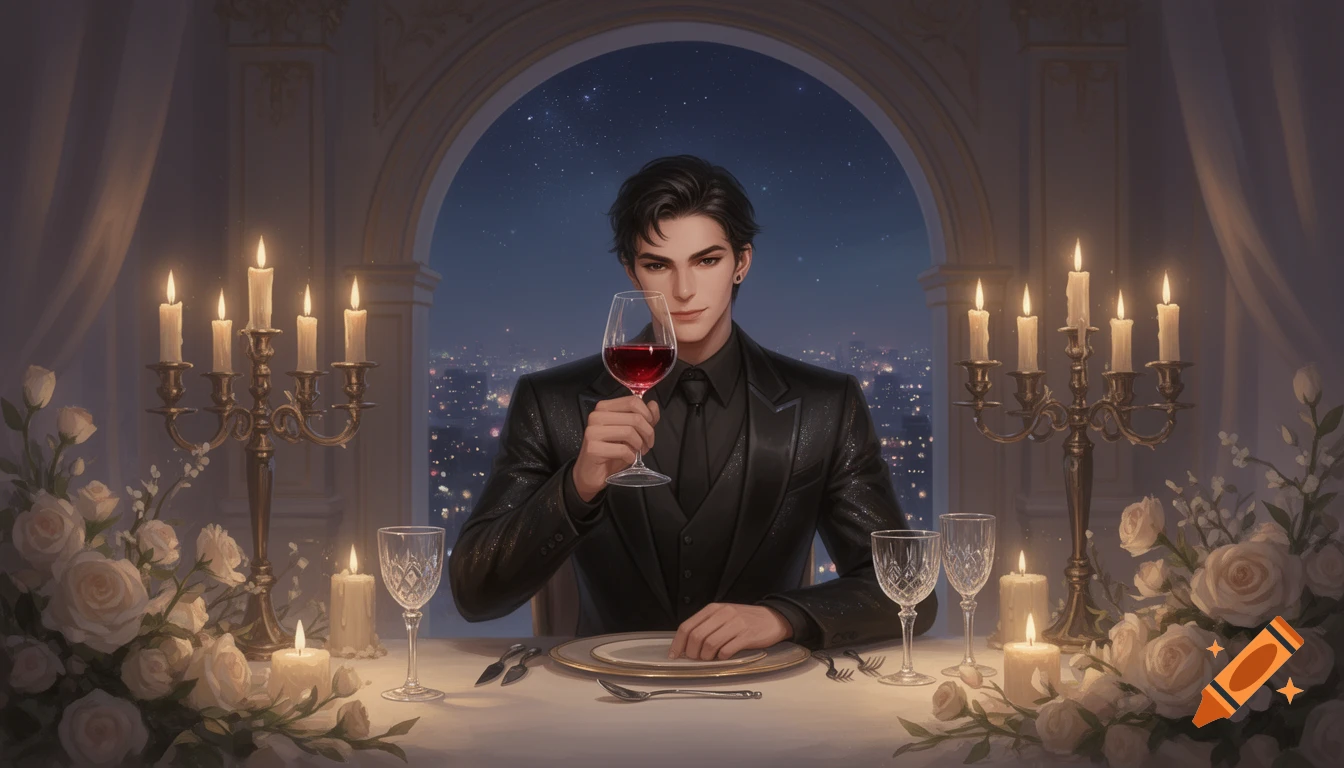 Anime-style man in a black suit at a candlelit dinner, holding a glass of red wine with a city view at night.