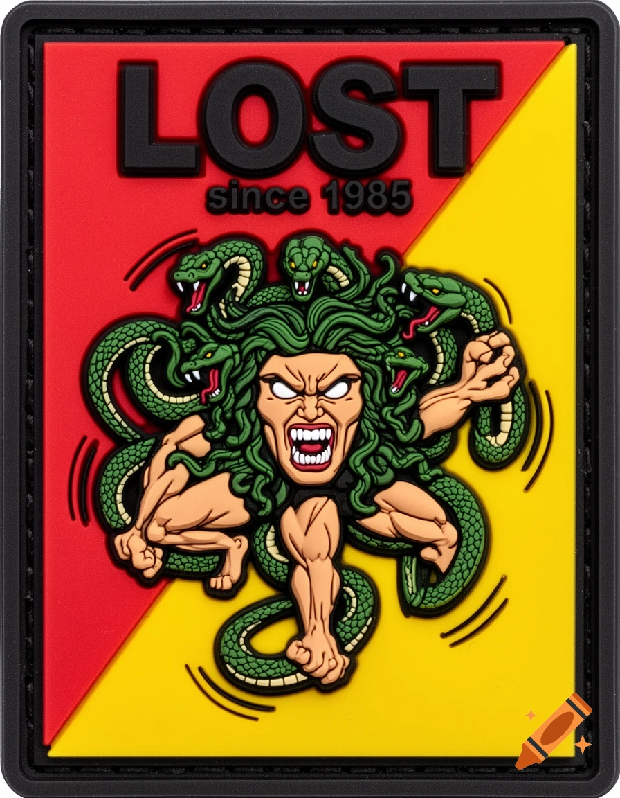 A 3D PVC rubber patch featuring an angry, green-haired Medusa-like Trinacria character against a red and yellow background, with 'LOST since 1985' text.