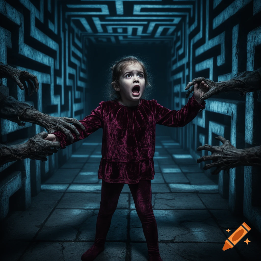 A terrified child in a dark, glowing blue maze, surrounded and reached for by multiple gnarled, zombie-like hands, in a photorealistic horror style.