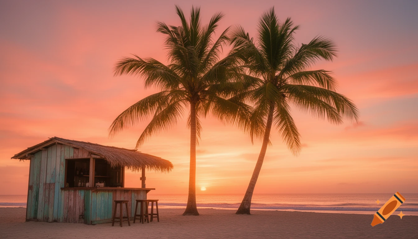 A rustic wooden beach bar with two stools sits on a sandy shore under two tall palm trees against a beautiful orange and pink sunset over the ocean.