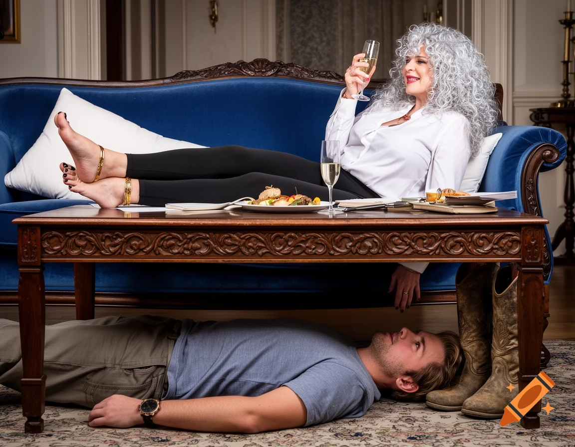 A woman with silver curly hair relaxes on a blue velvet sofa, her feet on a table, one resting on a man's face lying beneath. She sips champagne.