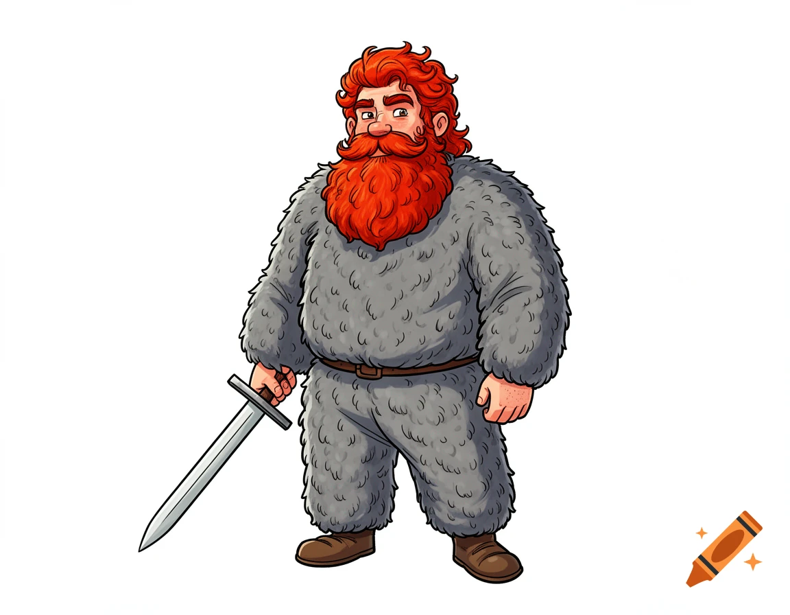 Cartoon medieval man with red hair and beard, wearing gray fur coveralls, holding a sword on a white background.