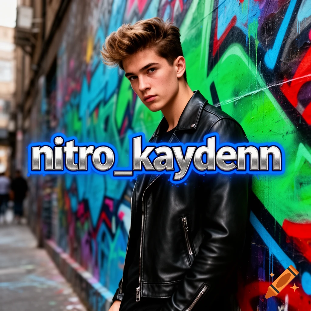 Young man in a leather jacket posing in front of a colorful graffiti wall, with the text 'nitro_kaydenn' overlaid.