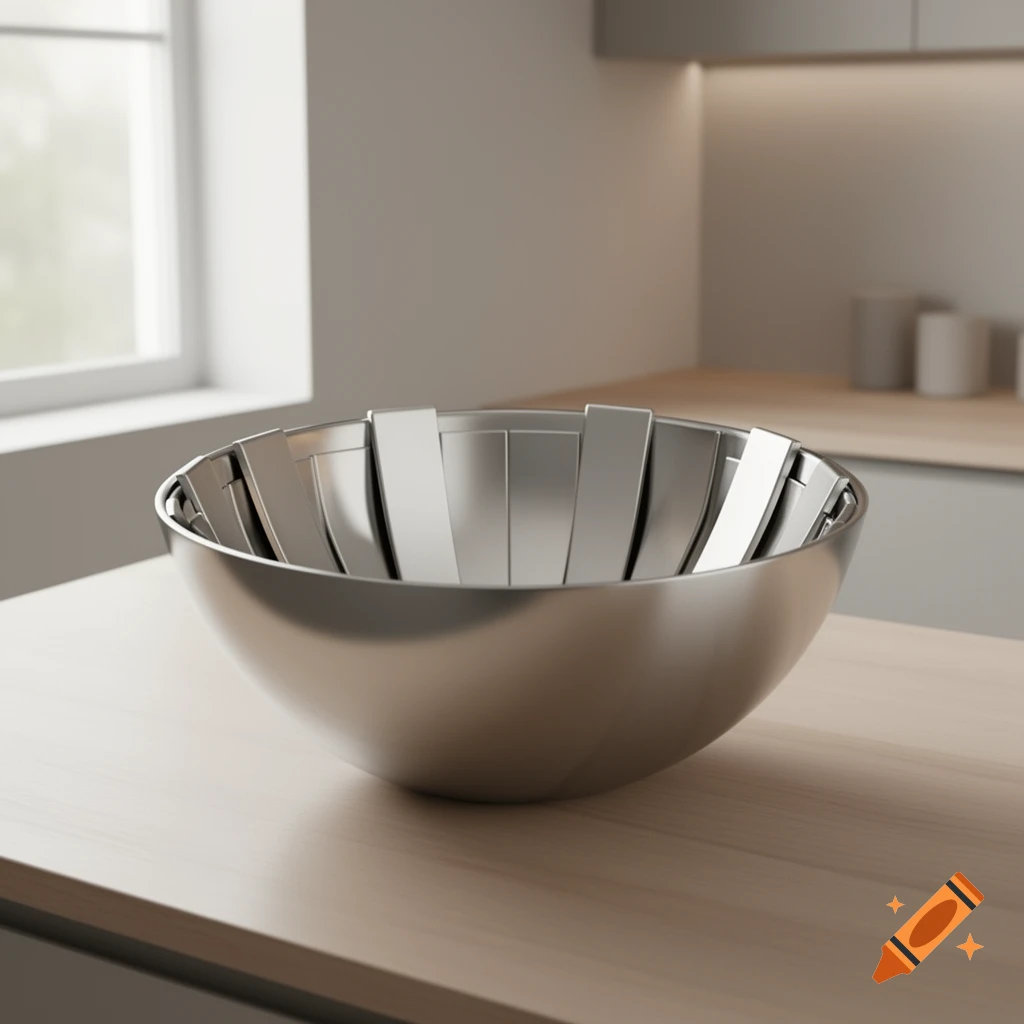 Photorealistic stainless steel bowl with segmented interior on a wooden kitchen counter.