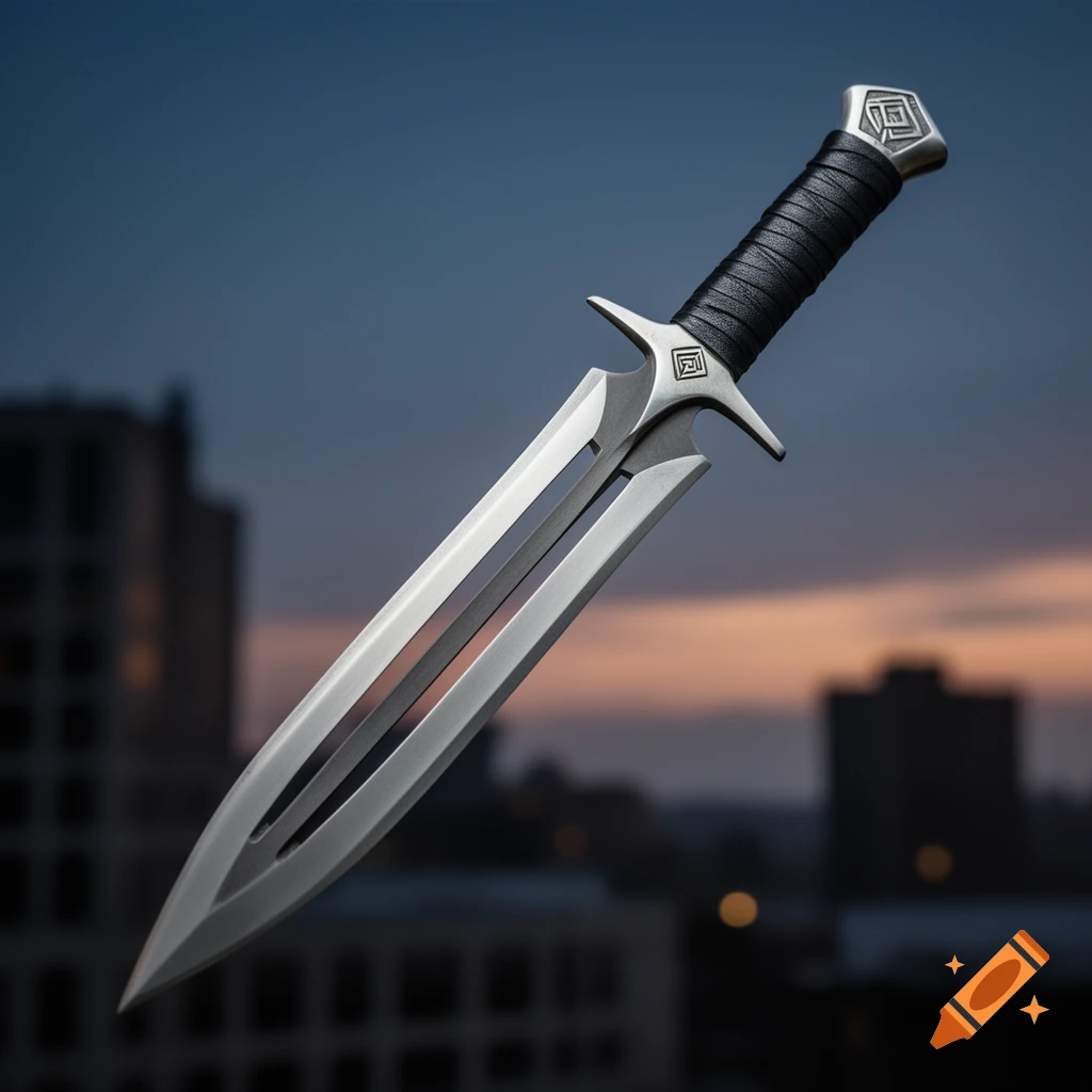 A stylized double-bladed dagger with a black hilt and intricate pommel, set against a blurred city skyline at dusk.